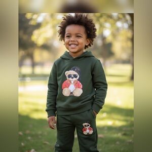 Kids Bear Graphic Sweatpants & Hoodie Set - Dark Green